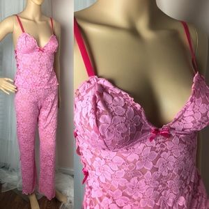 Pink stretch Lace Flared Pajama Pants & Cami XS